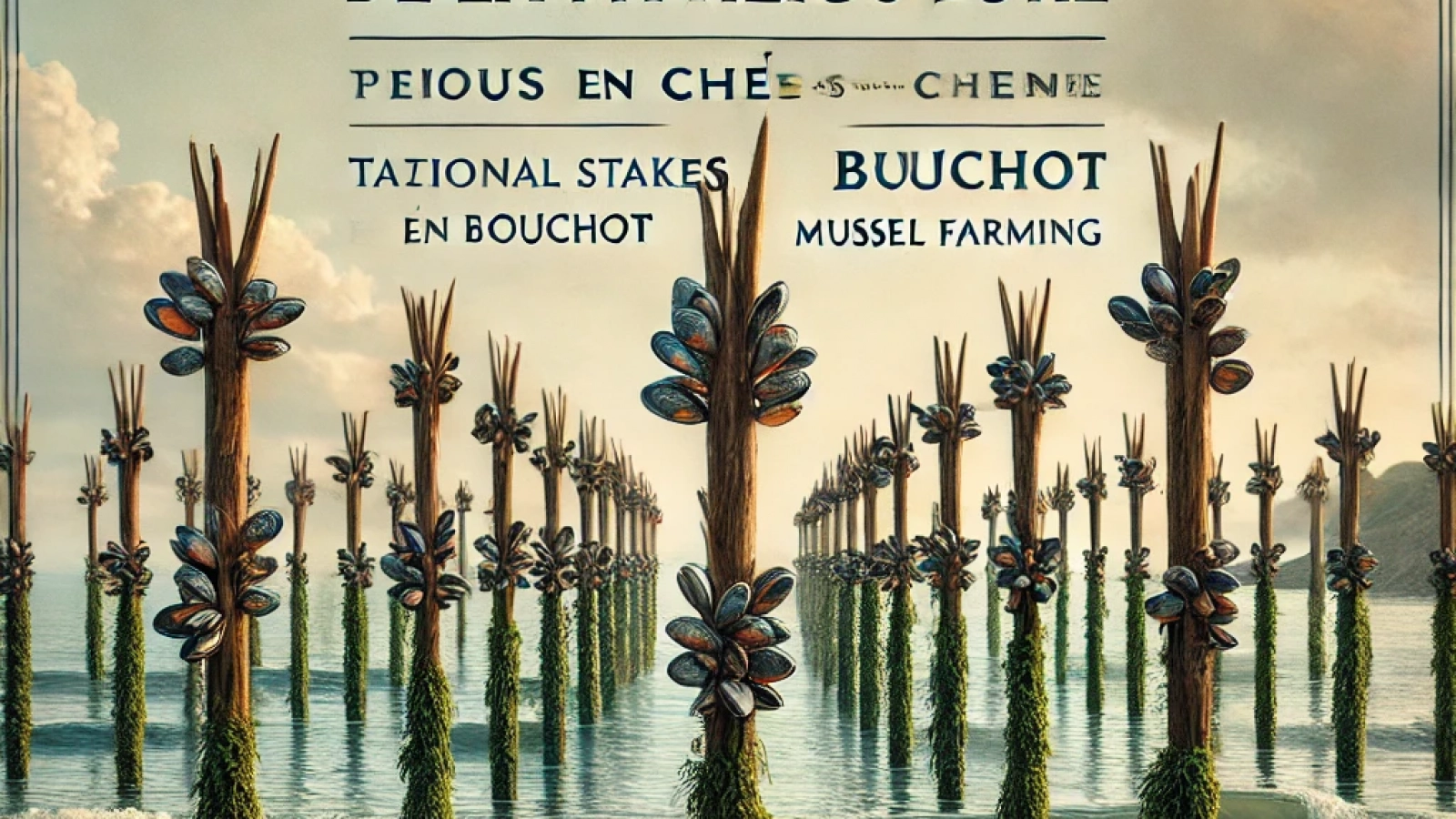 DALL·E 2024-09-19 11.05.52 - A promotional image for the 2024 Salon de la Mytiliculture, showcasing traditional oak stakes (pieux en chêne) used for bouchot mussel farming. The im