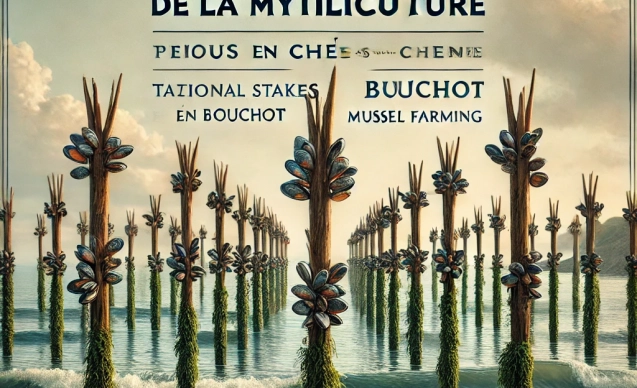 DALL·E 2024-09-19 11.05.52 - A promotional image for the 2024 Salon de la Mytiliculture, showcasing traditional oak stakes (pieux en chêne) used for bouchot mussel farming. The im